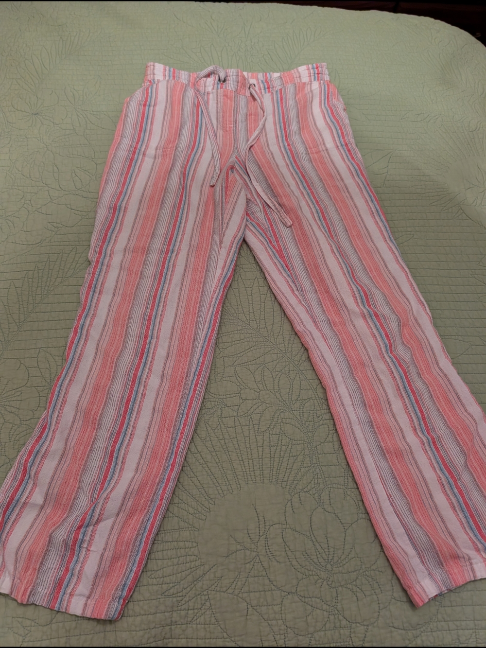 Linen Striped Drawstring Lounge Pants - Pink Multi